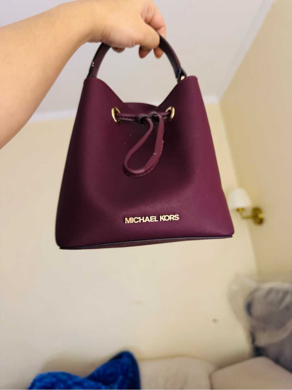 Michael Kors Plum Mini Drawstring Satchel with Gold Hardware